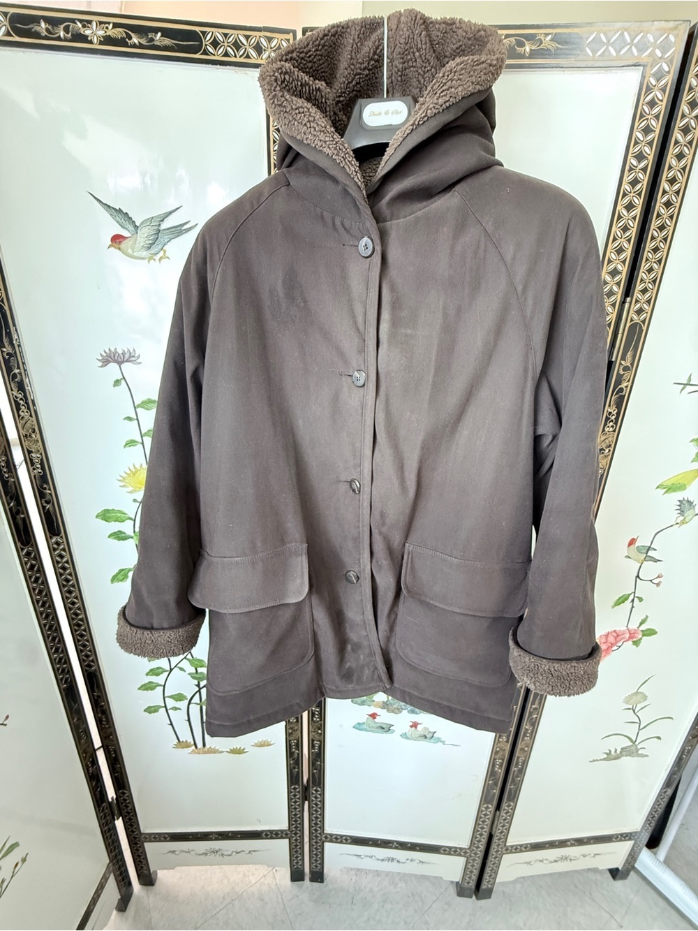 Talbots COZY Hooded Faux Suede Jacket with Sherpa Lining Brown Size M weekend ✅